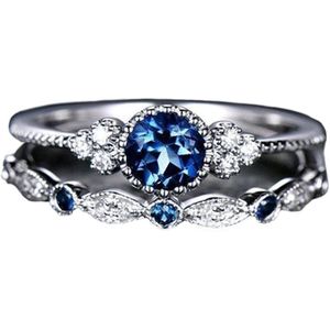 Ring blauwe steen (set) - Met edelsteen - Ring met steen dames - Ring maat 18 zilver kleurig staal - Maat 57 ring dames ringen set van 2 - Blauw