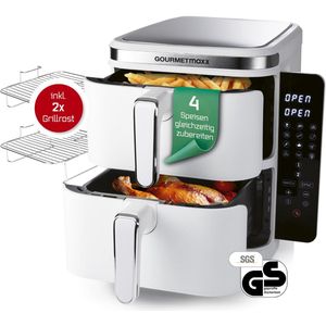 GOURMETmaxx FryUp Verticale heteluchtfriteuse met dubbele kamer, verticale airfryer, inklapbaar touchscreen, 32% ruimtebesparend, inhoud 10 liter, heteluchtfriteuse, 2 kamers