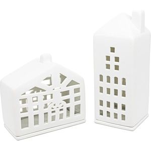 Lichthuis Set 'Home' - Keramisch Windlicht - 2 Stuks - Wit - Keramiek