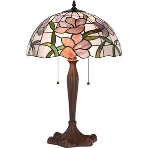 HAES DECO - Tiffany Tafellamp Ø 40x60 cm Roze Glas Kunststof Rond Bloemen Tiffany Bureaulamp Tiffany Lampen Glas in Lood