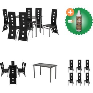 vidaXL Eetkamerset zwart 7-delig - Set tafel en stoelen - Inclusief Houtreiniger en verfrisser