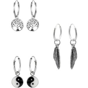 Set van zilveren oorbellen, oorringen met hanger van tree of life, veer en yin en yang