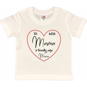 T-shirt Kinderen ""De liefste mama is toevallig mijn mama"" Moederdag | korte mouw | Wit/rood/zwart | maat 110/116