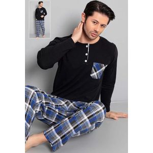 Heren Polkan Pyjama - Pyjamaset - Katoen - PyjamaTop Zwart / PyjamaBroek Blauw - 32068 - Maat M