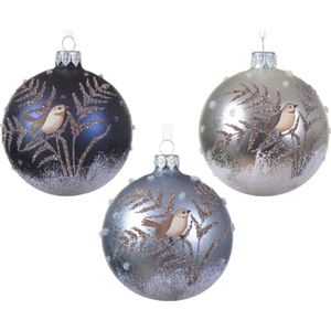 Decoris luxe kerstballen - 6x st - vogel opdruk - donkerblauw, ijsblauw en zilver - glas - 8 cm