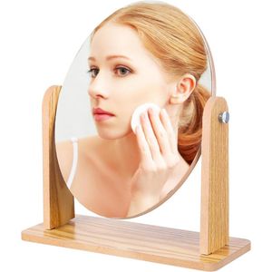 360 Graden Draaibaar Tafelblad Make-up Spiegel met Standaard, Houten Vanity Mirror Desktop Spiegel Houten Frame Cosmetische HD Spiegel voor Kantoor, Slaapkamer, Badkamer, Rond Draaibaar