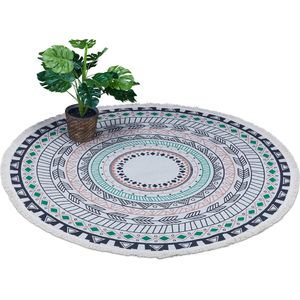 Relaxdays vloerkleed rond - mandala print - tapijt met franjes - kleurrijk - 120 cm