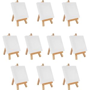 Belle Vous Tafelschildersezel Houten Canvasstandaardset (10st) - 10x10cm Canvas met Mini-ezel, Houten Schildersezel - Met canvas bedekt, gegrond - Canvasschilderij voor olie/aquarel, tekenen, kinderen