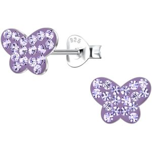 Joy|S - Zilveren vlinder oorbellen - 9 x 6 mm - kristalletjes paars violet - oorknoppen - sterling zilver 925
