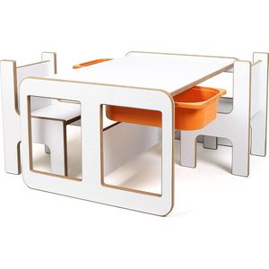 Industrial living kindertafel met 2 oranje opberglades - Speeltafel met 2 kinderstoelen - Activiteitentafel - Speeltafel - Activiteitentafel - Hout - Wit