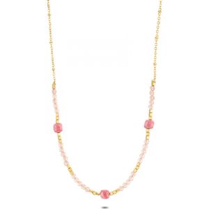 Twice As Nice Halsketting in goudkleurig edelstaal, roze stenen 40 cm+5 cm