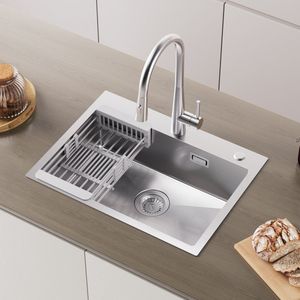 CECIPA max 60×45cm Spoelbakken met Kraangat – Spoelbak Keuken Zilver - Gootsteen van roestvrij staal – Enkele spoelbak - Incl. Sifon en Afvoerzeefje