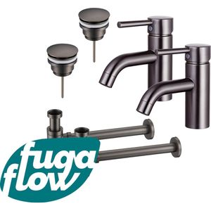 FugaFlow Eccelente Sobrado Badkamer Wastafelkraanset - voor dubbele wastafel - lage wastafelkraan - klikwaste plug - verlaagde design sifon - PVD Gepolijst Gunmetal