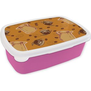 Broodtrommel Roze - Lunchbox - Brooddoos - Koffie - Patronen - Koffiebonen - 18x12x6 cm - Kinderen - Meisje