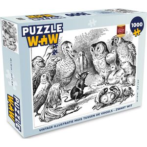 Puzzel Vintage illustratie muis tussen de vogels - zwart wit - Legpuzzel - Puzzel 1000 stukjes volwassenen