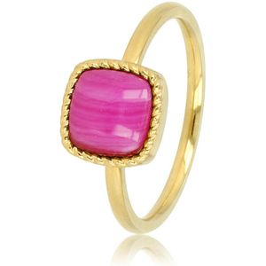 My Bendel Goudkleurige kleine zegelring met Rose Stripe Agate edelsteen - Goudkleurige zegelring met vierkanten Rose Stripe Agate edelsteen - Met luxe cadeauverpakking