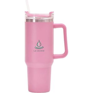 Le Bonn - Roze - 1,2L - Thermosbeker met Handvat en Rietje - Mok - RVS beker - Cadeau - Travel cup - Mug to go - Thermosbeker - Drinkbeker to go - Thermosfles - dubbelwandige vacuüm geïsoleerde koffiebeker - Thee - Koffie - Kerstcadeau