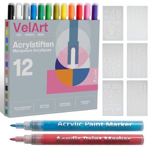 VelArt Acrylstiften Set 12 kleuren - Paint Pens / Verfstiften voor Steen Hout Glas - 6 Sjablonen + Luxe Giftbox