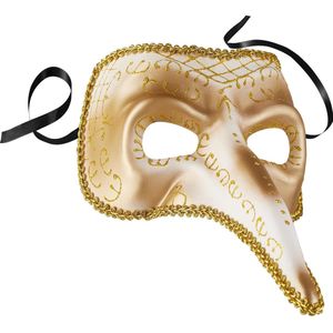 dressforfun - Venetiaans masker met lange neus en versieringen goud - verkleedkleding kostuum halloween verkleden feestkleding carnavalskleding carnaval feestkledij partykleding - 303552