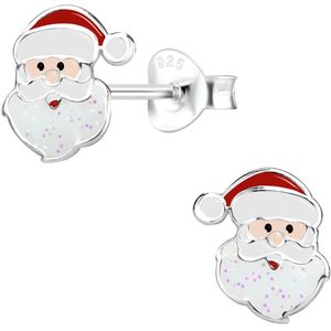 Joy|S - Zilveren kerstman oorbellen - 8 x 9 mm - met glittertjes - kerst oorknoppen - kinderoorbellen