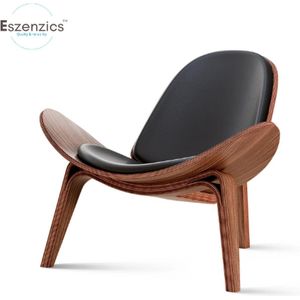 Eszenzics™ Design schelpstoel - Nordic Zitstoel - Walnoot - Moderne Fauteuil - Leren bekleding - Comfortabel en Stevig - 92cm breed