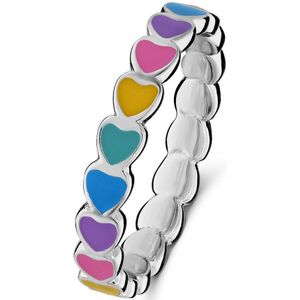 Lucardi Kinder Zilveren ring gekleurde emaille hartjes - Ring - 925 Zilver - Zilverkleurig - 16 / 50 mm