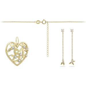 Schitterende SET : 14 Karaat Gouden Halsketting en Oorbellen Hart Bloemen en Zirkonia's |Sieradenset