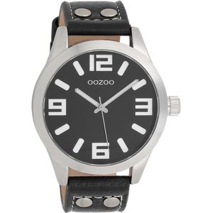 OOZOO Timepieces - Zilverkleurige horloge met zwarte leren band - C1054