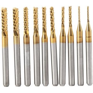 - 10-delige Set Titanium Gecoate End Mills van Cemented Hardmetaal - CNC Frezen, Graveren, Snijwerk Boor Gereedschap 1.0-3.0mm