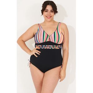 Badpak dames- Grote maten badpakken zwempak bikini VC670- Zwart kleurrijk streepmotief- Maat 54