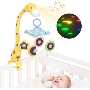 Baby Muziekmobiel Sterren Projector Lamp ‘Giraffe Geel’ Bed Box Wiegje - Roterende Bijtring en Rammelaar Speelgoed - Slaaphulp White Noise Sterrenprojector - Tumama®