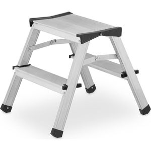 Opvouwbare dubbele trap met 2 treden - lage huishoudtrap tot 125 kg - zilver - compact formaat 38 x 39 x 46 cm