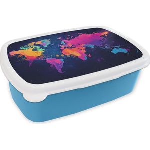 Broodtrommel Blauw - Lunchbox Wereldkaart - Kleurrijk - Graffiti - Brooddoos 18x12x6 cm - Brood lunch box - Broodtrommels voor kinderen en volwassenen