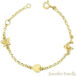 Juwelier Emo – 14 Karaat Kinderarmband Goud - Hart, Vlinder & Dolfijn bedels – Bedelarmband - 12 CM