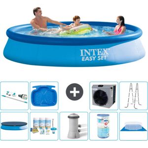 Intex Rond Opblaasbaar Easy Set Zwembad - 366 x 76 cm - Blauw - Inclusief Afdekzeil - Onderhoudspakket - Zwembadfilterpomp - Filter - Grondzeil - Stofzuiger - Ladder - Voetenbad - Warmtepomp