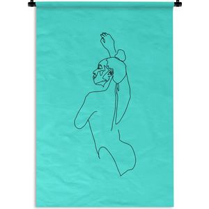 Wandkleed Line-art Vrouwengezicht - 12 - Line-art illustratie dansende vrouw op een blauwe achtergrond Wandkleed katoen 60x90 cm - Wandtapijt met foto