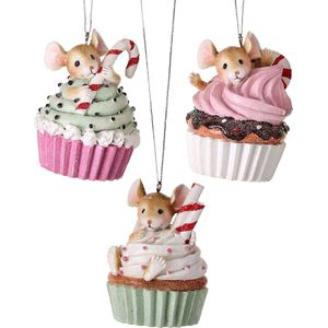 Viv! Christmas Kerstornament - Muisjes in Cupcakes - set van 3 - pastel - multi - 8cm