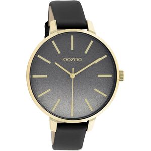 OOZOO Timpieces - goudkleurige horloge met zwarte leren band - C11034