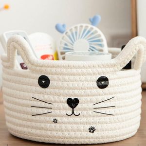 Kleine opbergmand, gevlochten mand met kattenoren, decoratief huisdierspeelgoed, mand, wit katoenen touw, mand, schattig speelgoedcontainer voor baby, kat, hond, speelgoed, 12 x 24 cm (l x h)