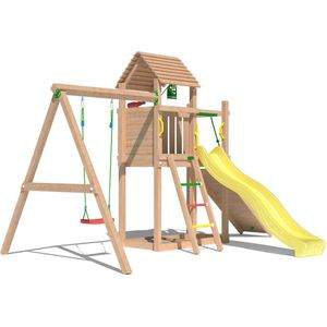 Jungle Gym Speeltoestel van Douglas Hout - Jungle Cove met Gele Glijbaan - Tuin Speeltoestel voor buiten met Zandbak, Schommel en Speelhuisje