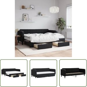 The Living Store Slaapbank met onderschuifbed en lades 80x200 cm fluweel zwart - Slaapbank - Sofa Bed - Zweefstoel - Lounge Stoel - Design Meubels