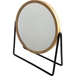 Staande en 3x vergrotende dubbele make-upspiegel 21x18 cm - Inclusief verzendkosten - Rond - Hout - Bamboe - Zwart - Draaibaar - Verstelbaar - Spiegel - Make up spiegel - Makeupspiegel - Scheerspiegel - Tafelspiegel - Standaard - Voet - Badkamer