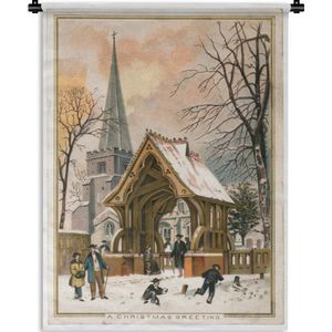 Wandkleed Vintage Kerst - Vintage kerstkaart met een kerk Wandkleed katoen 120x160 cm - Wandtapijt met foto XXL / Groot formaat!