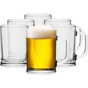 TREND FOR HOME Bierpullenset, 500 ml, set van 6 bierglazen, glazen mokken met handig handvat, pintglazen, biertankard, transparant, verdikt glas, vaatwasmachinebestendig, collectie ULF
