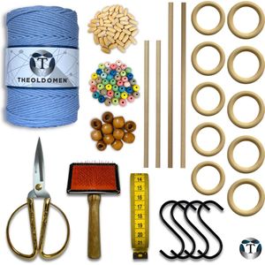 Deluxe Macramé Pakket | Lichtblauw | 200 METER | Triple Twist | 3mm | Starter Set | Schaar | S-haken | Kam | Meetlint | Ringen | Kralen | Stokken | Macramé Touw | 100% Katoen | DIY | Macramé | Wandkleed | Plantenhanger | TheOldOmen