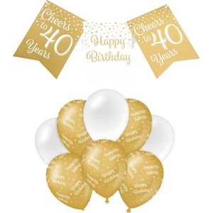 Paperdreams Luxe 40 jaar/Happy Birthday feestversiering set - Ballonnen & vlaggenlijnen - wit/goud