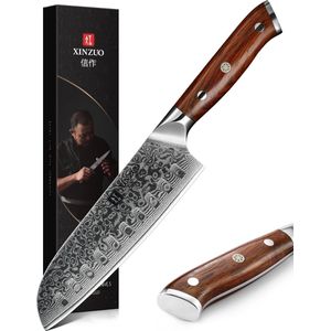 Damascus Santokumes (67 lagen) | Xinzuo B13R Yu | Luxe & Professioneel | Vlijmscherp Damascus staal | 7 inch lemmet | 30 cm Keukenmes met rozenhouten handvat