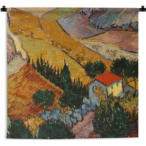 Wandkleed - Wanddoek - Landschap met een huis en een ploeger - Vincent van Gogh - 60x60 cm - Wandtapijt