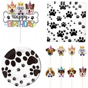 47-delige set Happy Birthday dogs met taart en cupcake prikkers, servetten en bordjes - hond- dier - huisdier - verjaardag - feest - party