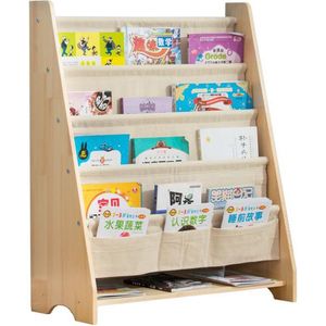 XL Massief Houten Kinderboekenrek 6 niveaus【Gewoon Hout + Katoen, GEEN MDF】- W76×H83×D28cm - Grenen Houtkleur & Beige - Boekenkast voor kinderen - Bookcase - Boekenplank - Kinderkamerkast - Speelgoedrek - Opbergrek - Speelgoedkast - Boekenrek